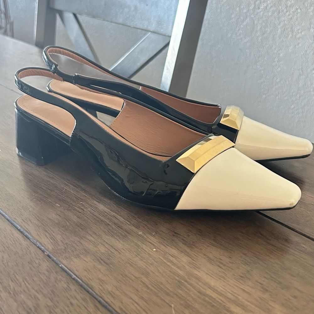 Women’s Black & White Patent Slingback Block Heel Shoes Size 41 - Picture 2 of 8